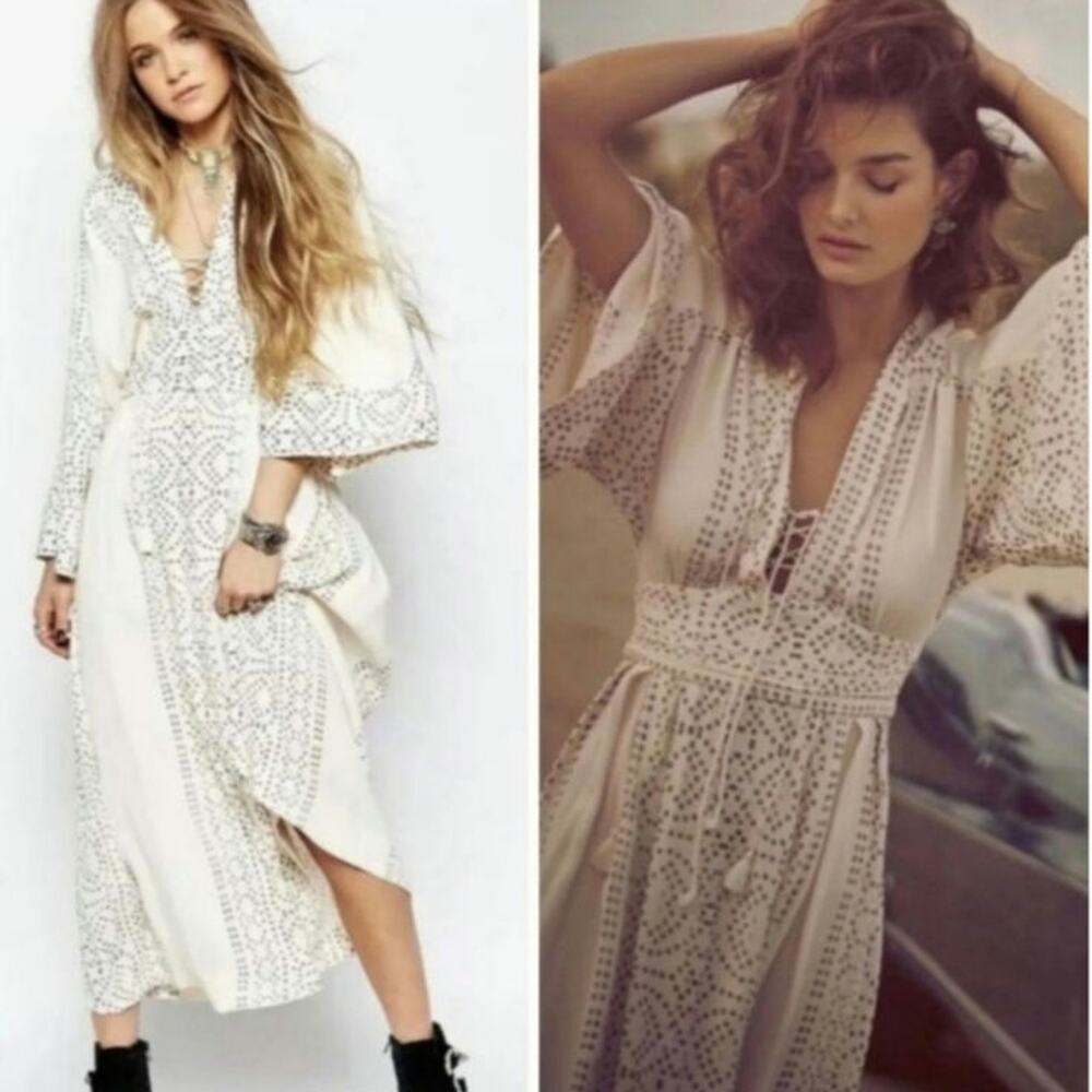 Free People Ivory Embroidered Midi Dress